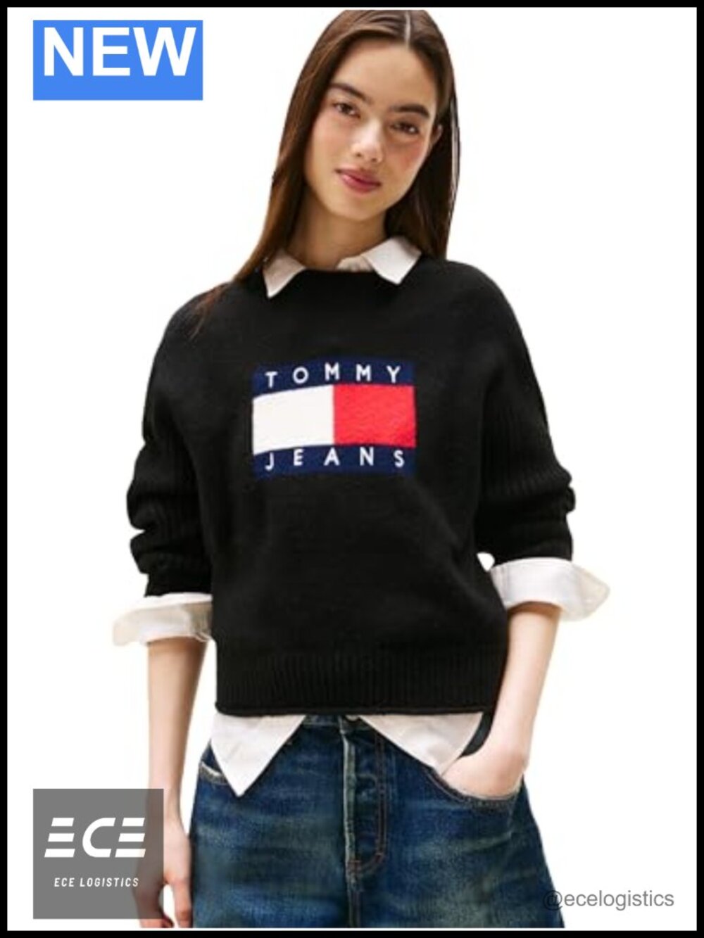 Wool Blend Pullover Crewneck Sweater Knit Big Flag Logo Relaxed Fit